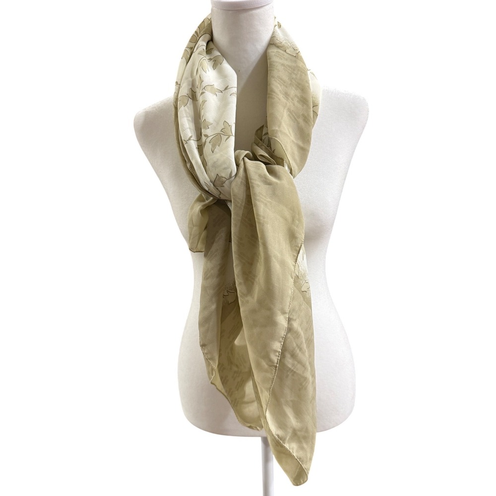 Nurel Turkey Floral Sheer Scarf Beige Green Lightweight Wrap Shawl Vintage Look